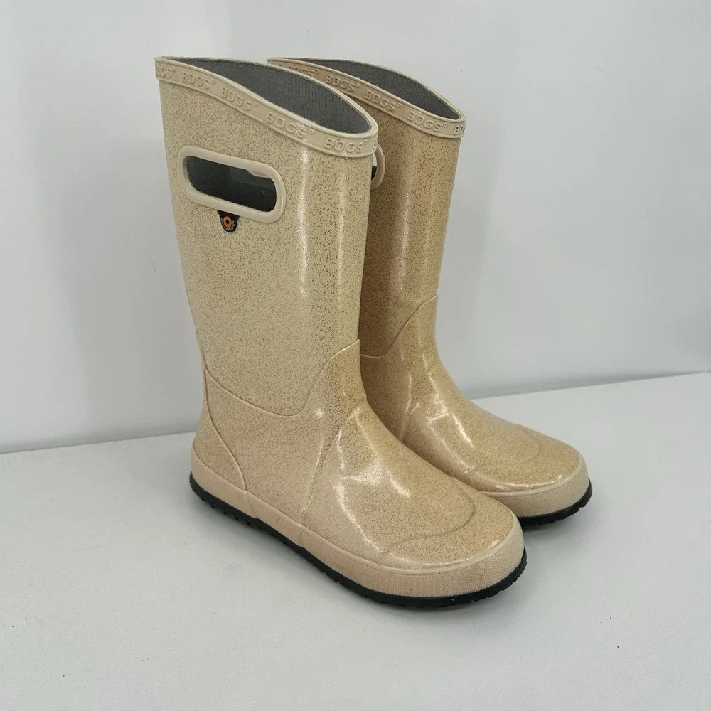 Bogs Girls Classic Pull On Waterproof Rain Boots Size 3 Youth Cream Glitter